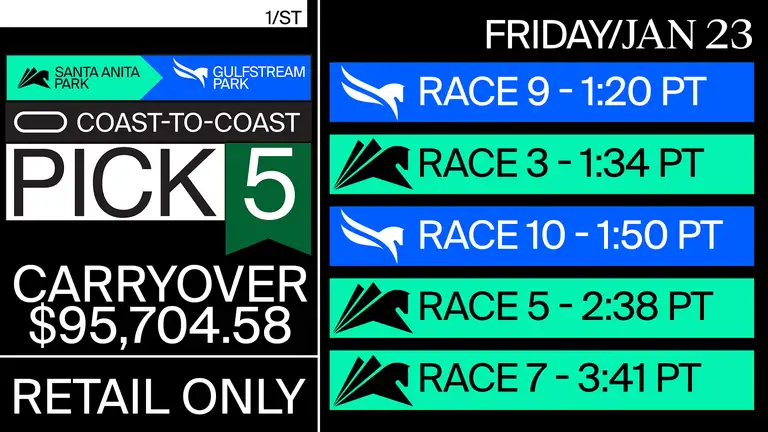 COAST-TO-COAST PICK 5 CARRYOVER $95,704! BEGINS WITH GULSTREAM RACE 9 ON JANUARY 23RD!