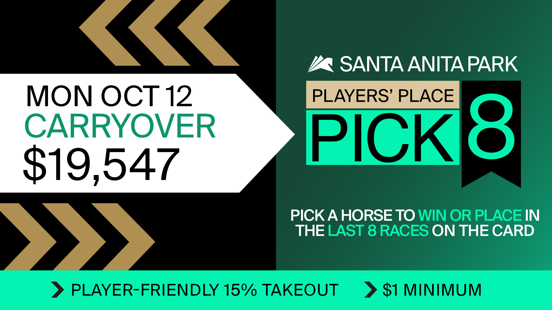PLAYERS PLACE PICK 8 CARRYOVER OF $19,547 BEGINS WITH RACE 3